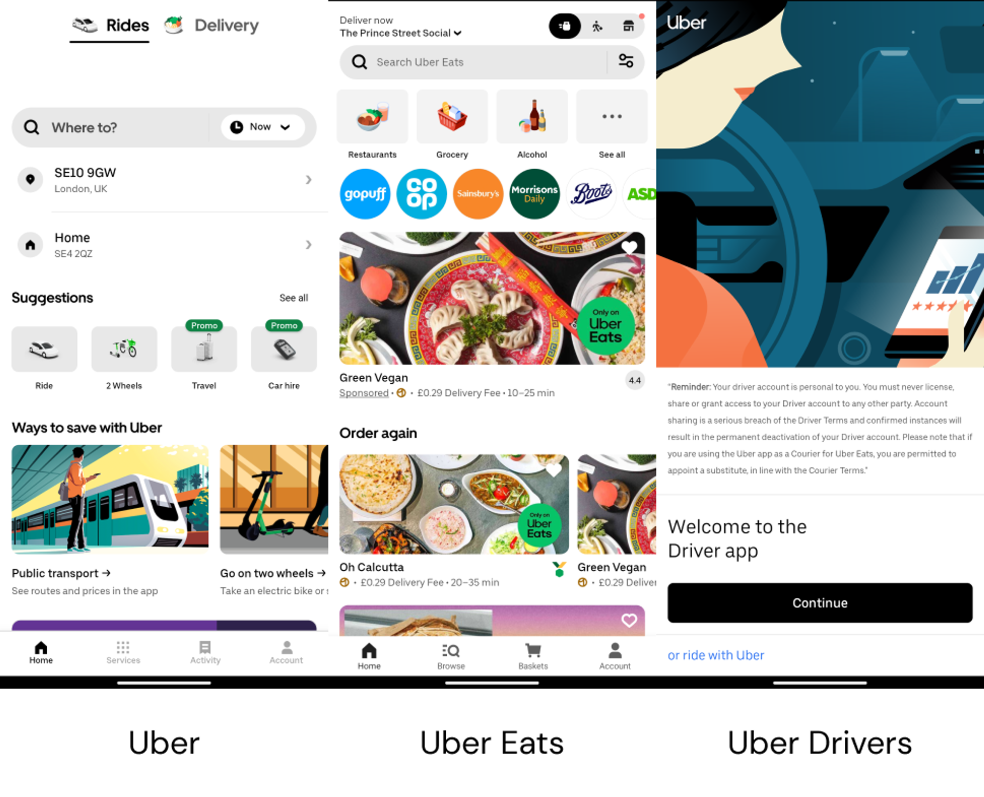 Different Uber apps side by side, showing how similar they are in terms of appearance