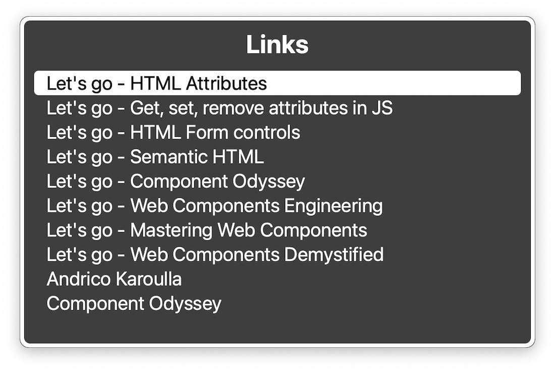 The VoiceOver list of links has 8 links each with a clear and unique name, like 'Lets go - HTML Attributes' and 'Let's go - Get, set, remove attributes in JS'